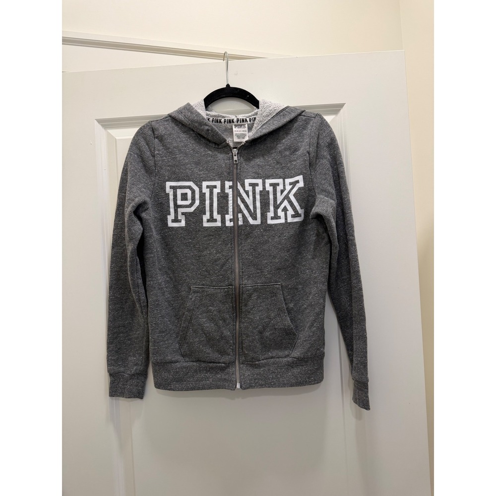 Victorias Secret PINK Full Zip Hoodie Charcoal Gray Logo Fleece Sweatshirt XS